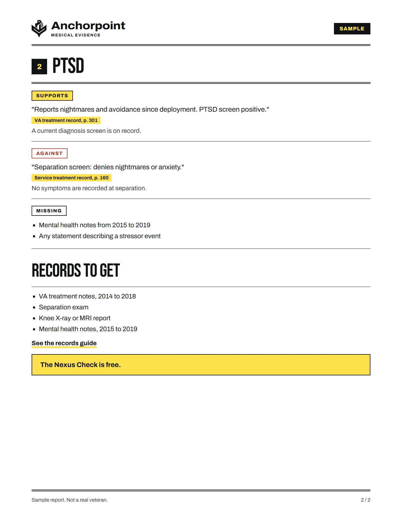Page 2 of the sample: PTSD findings under Supports, Against and Missing, each with its page citation, then a list of records to get and a link to the records guide.